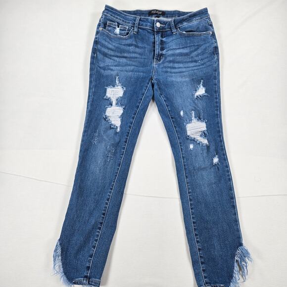 Judy Blue Mid Rise Distressed Raw Hem‎ Skinny Fit Jeans Women's Size 11/30 - Picture 1 of 7